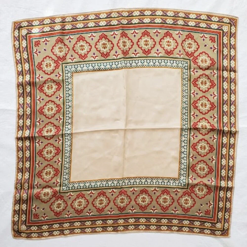 Satiny Multicolor Border Trim Scarf w Intricate Pattern 26" X 26" - Picture 2 of 6